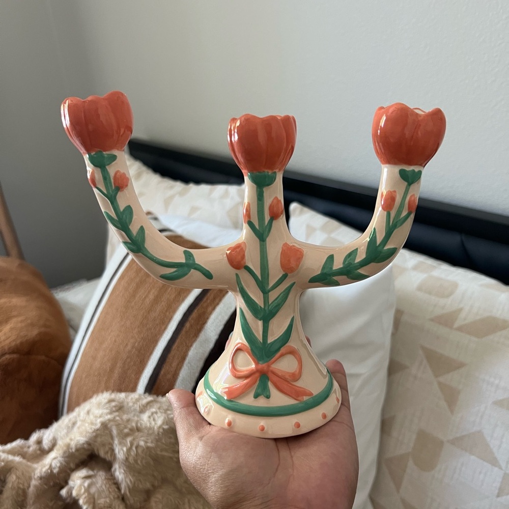 Floral Ceramic Candelabra - Orange and Green